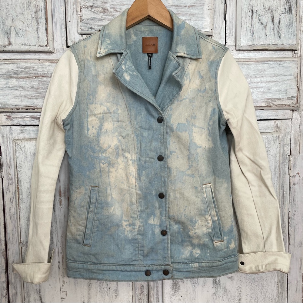 Joe’s Distressed Jean jacket with Leather sleeves, XS, unique and rare